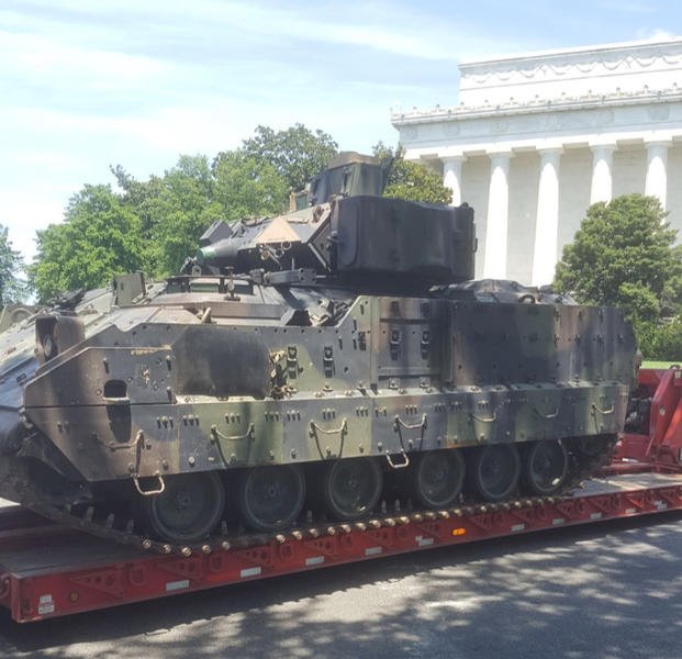 The armored vehicles, on two flatbed trucks, were brought to the National Mall Tuesday night in a police convoy and were parked on a side street behind the Lincoln Memorial. (Photo by Richard Sisk/Military.com)