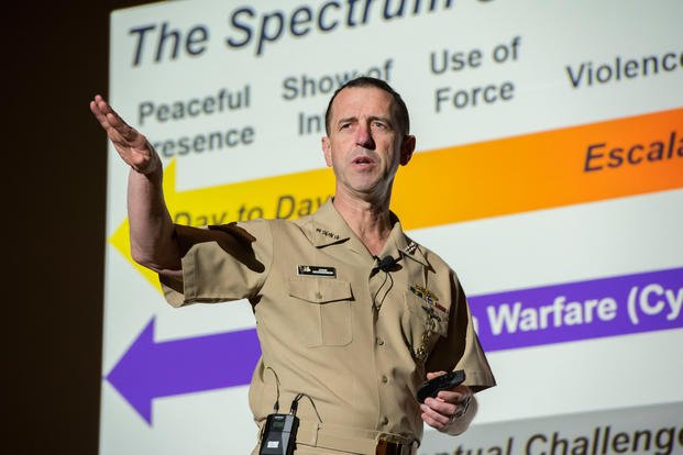 Chief of Navy Operations (CNO) Adm. John Richardson speaks to students, faculty and staff of the Naval Postgraduate School about the Navy’s reassessment of its maritime strategy as outlined in “A Design to Maintain Maritime Superiority Version 2.0” for the school’s Secretary of the Navy Guest Lecture program, Feb. 13, 2019. (U.S. Navy photo/Javier Chagoya)