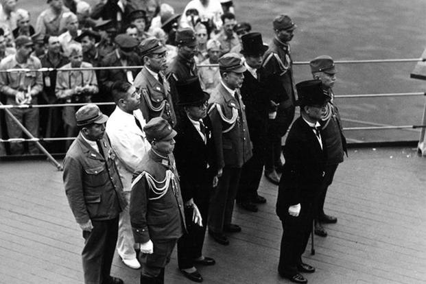 Japanese representatives at surrender ceremonies, Sept. 2, 1945. (Department of Defense)