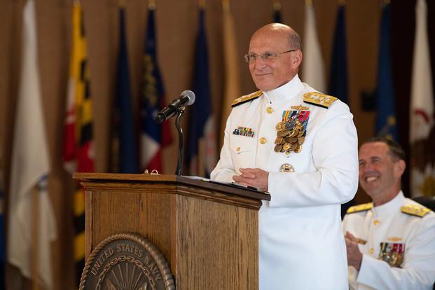 New Chief of Naval Operations (CNO) Adm. Mike Gilday delivers his first remarks as the 32nd CNO during a change of office ceremony held Aug. 22, 2019, at the Washington Navy Yard. (U.S. Navy photo by Mass Communication Specialist 2nd Class Ryan U. Kledzik)