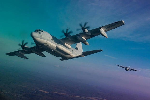U.S. Marine Corps KC-130J Hercules aircraft with Marine Aerial Refueler Transport Squadron (VMGR) 152 and VMGR-252, conduct division tactical navigation training as part of unit-level training Evergreen at Naval Air Station Whidbey Island, Washington, Aug. 14, 2017. (U.S. Marine Corps photo by Cpl. Joseph Abrego)