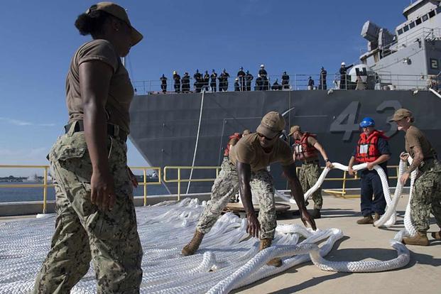 Sailors aboard the Whidbey Island-class amphibious dock landing ship USS Fort McHenry (LSD 43) heave in lines at Naval Station Mayport, Florida, on Aug. 29, 2019, in preparation for Hurricane Dorian. (U.S. Navy photo by Mass Communication Specialist 3rd Class Nathan T. Beard)