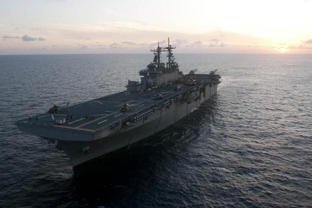 The multipurpose amphibious assault ship USS Wasp steams through the ocean. (Petty Officer 3rd Class David Smart/U.S. Navy) 