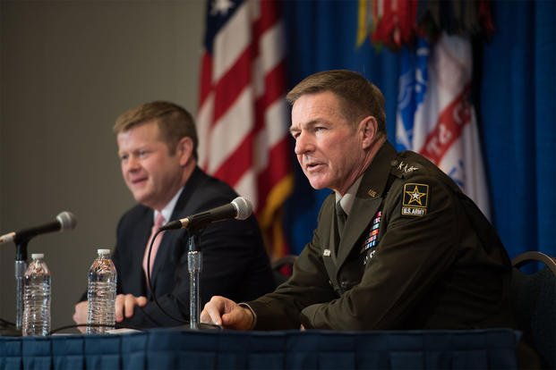 Gen. James McConville, chief of staff of the Army, answers a question from the media after the opening ceremony of the Association of the U.S. Army Annual Meeting and Exposition in Washington, D.C., Oct. 14, 2019. (U.S. Army/Sgt. Dana Clarke)