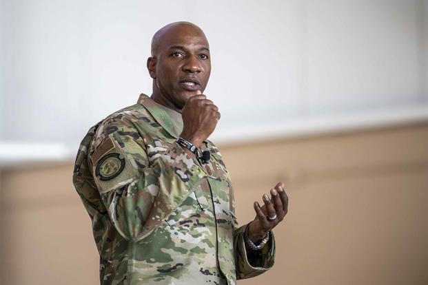 Chief Master Sergeant of the Air Force Kaleth O. Wright speaks to Team Travis Airmen during an all call Sept. 24, 2019, at Travis Air Force Base, California. (U.S. Air Force photo by Tech. Sgt. David W. Carbajal)