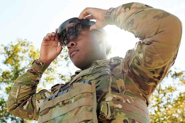 A soldier tries on a prototype of the Army’s Integrated Visual Augmentation System (IVAS) during a soldier touch point evaluation that began at Fort Pickett, Virginia, on Oct. 28, 2019. U.S. Army Futures Command photo