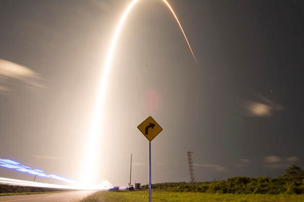 A SpaceX Falcon 9 rocket launches Starlink at Cape Canaveral Air Force Station, Fla. on May 23, 2019. The Starlink mission put 60 satellites into orbit and aims to build a constellations of satellites to bring internet capabilities to areas that do not have or have limited internet. (Alex Preisser/U.S. Air Force)