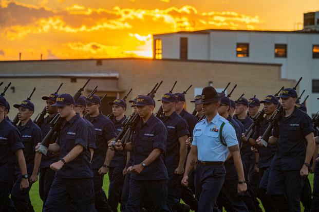 A company of recruits march at Coast Guard Training Center Cape May.