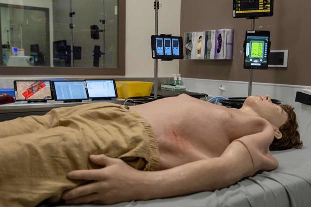 Tablets attached to an integrated trainer mannequin display a simulated patient and its vitals in Naval Medical Center San Diego’s (NMCSD) bio-skills training and simulation center Jan. 15, 2020. (U.S. Navy/Mass Communication Specialist Seaman Luke Cunningham)