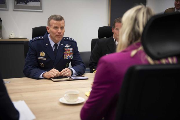 U.S. Air Force General Tod D. Wolters meets with Danish Defence Minister Trine Bramsen at NATO Headquarters.