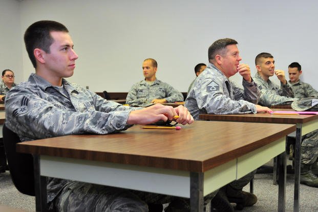 Team Tyndall Airmen wait to begin their Weighted Airman Promotion System Test