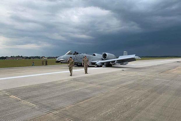 An A-10 Thunderbolt makes a belly landing at Moody Air Force Base, Georgia.
