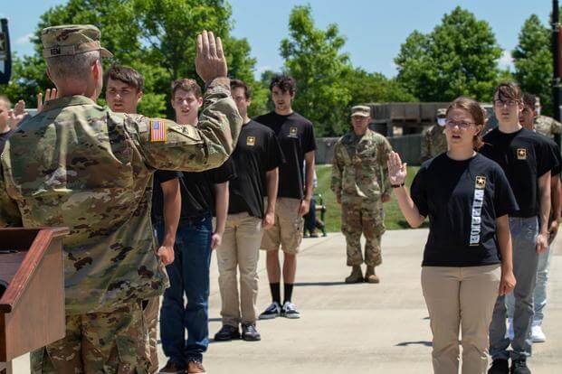 Maj. Gen. John S. Kem delivers the oath of enlistment to 25 future soldiers in a ceremony at the U.S. Army Heritage and Education Center in Carlisle, Pennsylvania.