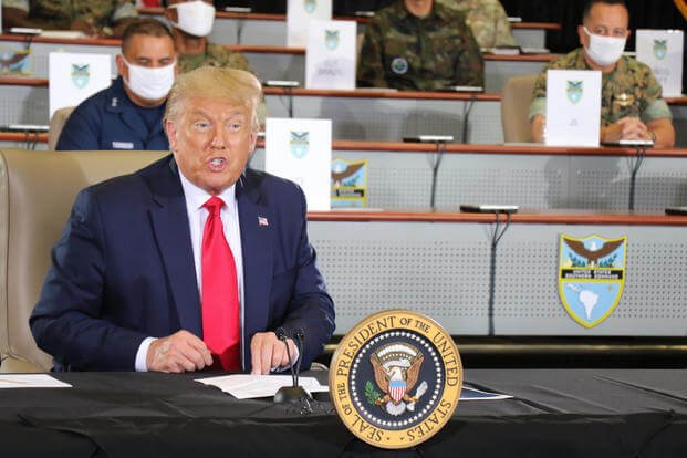 Trump speaks during a briefing at U.S. Southern Command headquarters