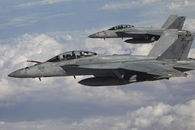 Two United States Navy F/A-18F Super Hornets.