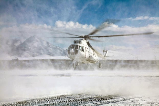 Russian made Mil Mi-8 helicopter lands at Forward Operating Base Airborne, Afghanistan