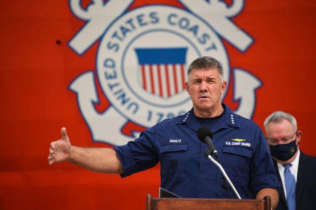 Adm. Karl Schultz, commandant of the U. S. Coast Guard, speaks
