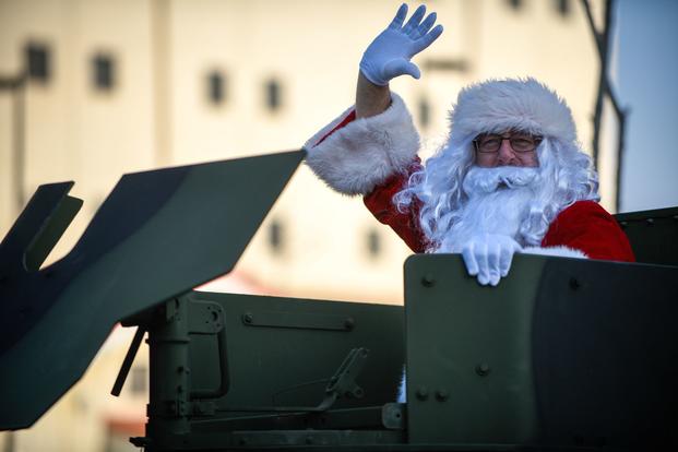 Santa waves to newly arrived community members in quarantine at Camp Humphreys in South Korea.