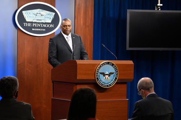 Secretary of Defense Lloyd J. Austin III briefs the press from the Pentagon Briefing Room