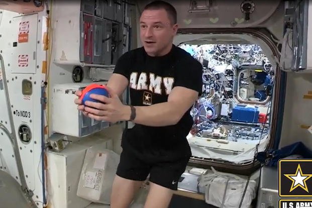 Col. Andrew Morgan demonstrates Army Combat Fitness Test events from the International Space Station