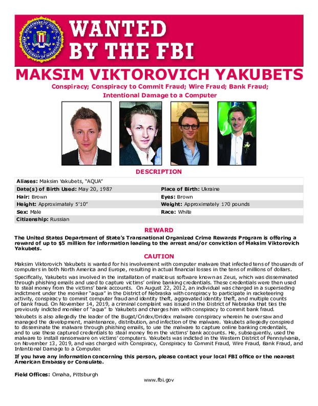 A U.S. Department of Justice poster showing Maxsim Yukabets, co-leader of a cybergang that calls itself Evil Corp. 