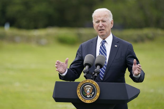 President Joe Biden speaks ahead of the G-7 summit in St. Ives, England. 