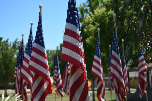 50 U.S. flags surround the memorial at Yuba City Calvary Christian Center.
