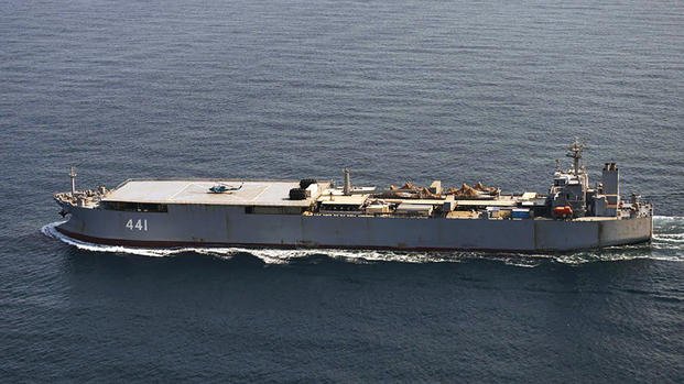 Iranian navy vessel Makran is seen sailing through the Baltic Sea off the island of Bornholm