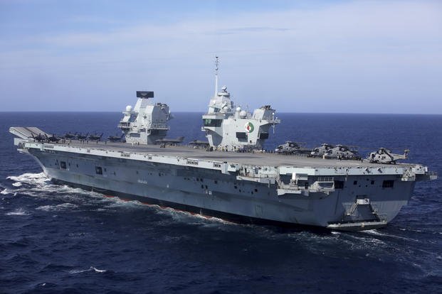 NATO training exercise on board the aircraft carrier HMS Queen Elizabeth off the coast of Portugal