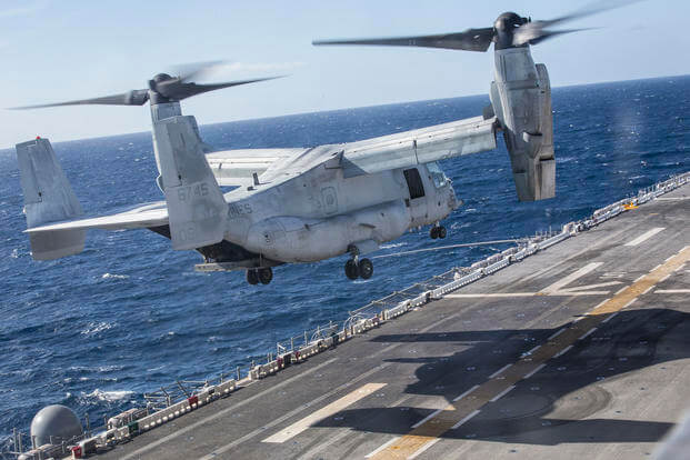 MV-22 Osprey with 11th Marine Expeditionary Unit prepares to land.