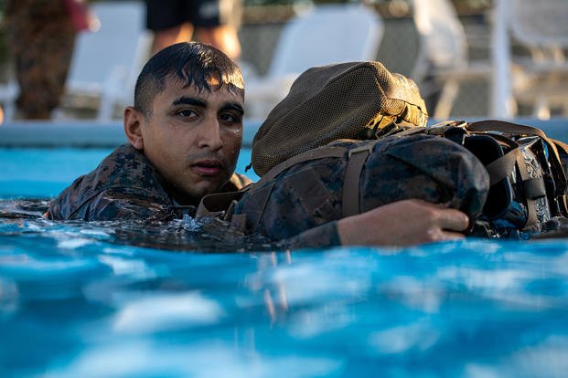 Marine with 3rd Force Reconnaissance Training Platoon participates in water survival screening.