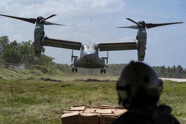 A VM-22 Osprey lands at Jeremie Airport in Haiti. 