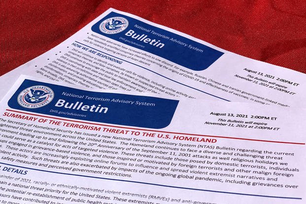 A terrorism alert bulletin issued by the Department of Homeland Security.