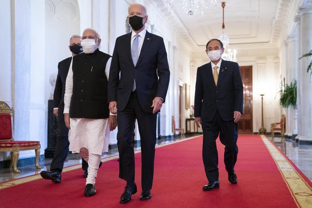 President Joe Biden with Australian Prime Minister Scott Morrison, Indian Prime Minister Narendra Modi, and Japanese Prime Minister Yoshihide Suga