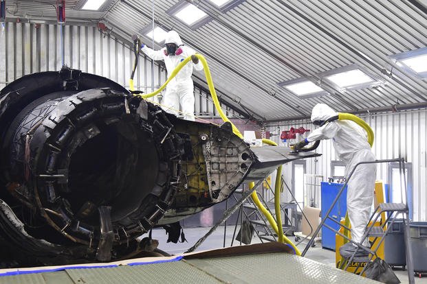 Condemned F-35A Lightning II is decontaminated.