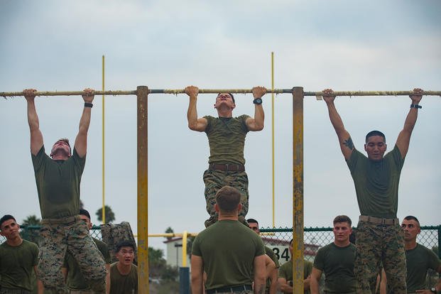 Marines perform pull-ups during physical fitness test.