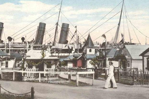 A postcard view of the German ships Kronprinz Wilhelm and the Prinz Eitel Friederich.