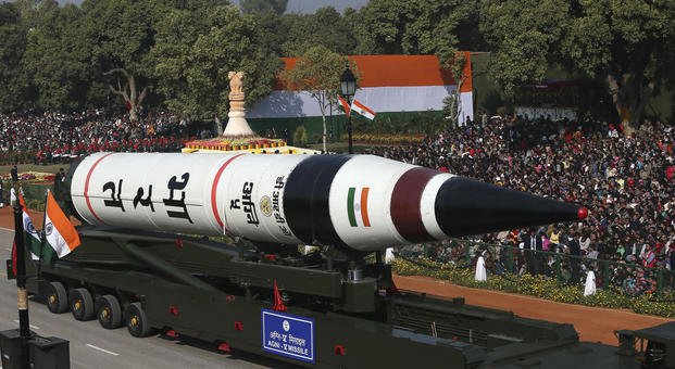 long range ballistic Agni-V missile is displayed during Republic Day parade