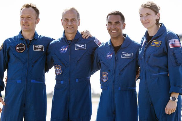 European Space Agency astronaut Matthias Maurer of Germany, and NASA astronauts Tom Marshburn, Raja Chari, and Kayla Barron