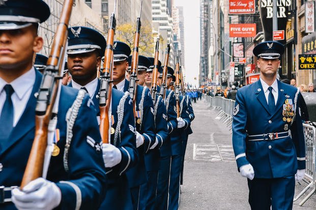 The United States Air Force Honor Guard marches in the Veterans Day Parade in New York, Nov. 11, 2019.