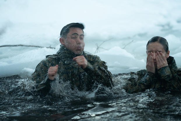 Marines submerge themselves into a frozen pond.