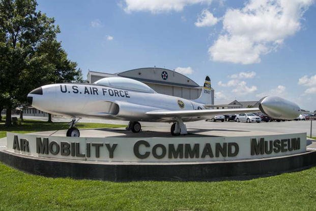 The T-33A Shooting Star rests in front of the Air Mobility Command Museum in 2019 at Dover Air Force Base, Delaware. 