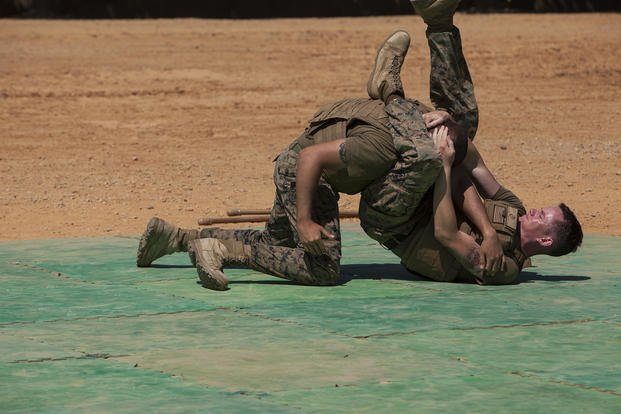 Marines demonstrate ground fighting techniques.