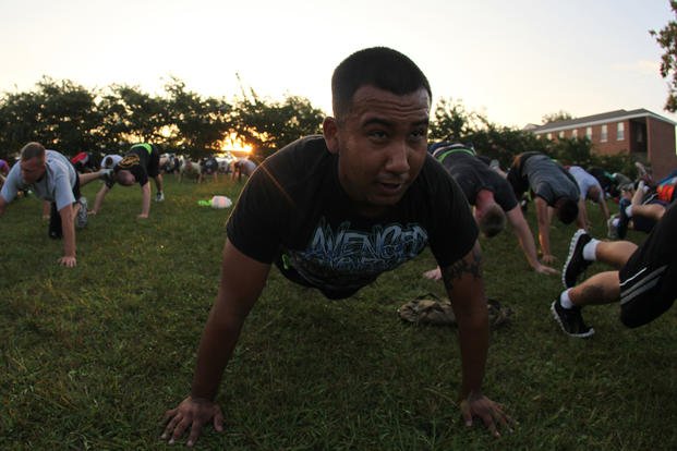 A Marine does push-ups during monthly physical training.