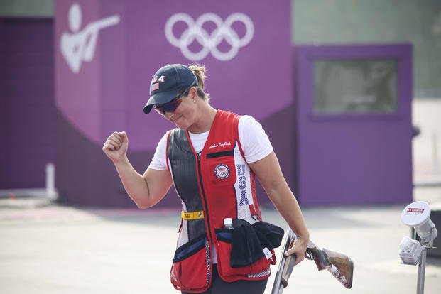 Army Reserve 1st Lt. Amber English reacts to winning gold in women’s skeet at the 2020 Summer Olympic Games in Tokyo.