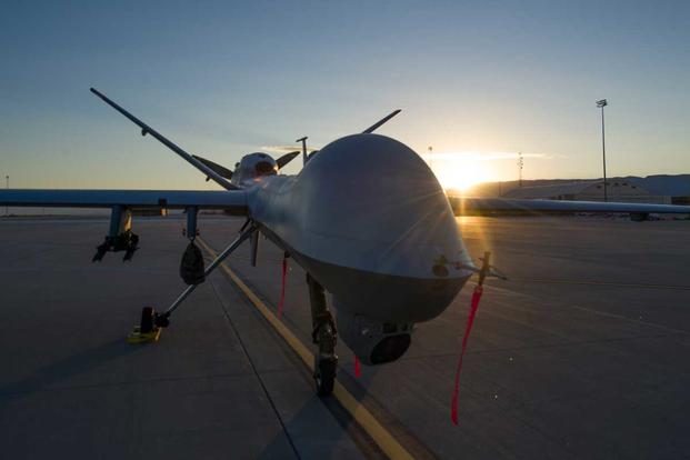 An MQ-9 Reaper sits on the flight line of Holloman Air Force Base