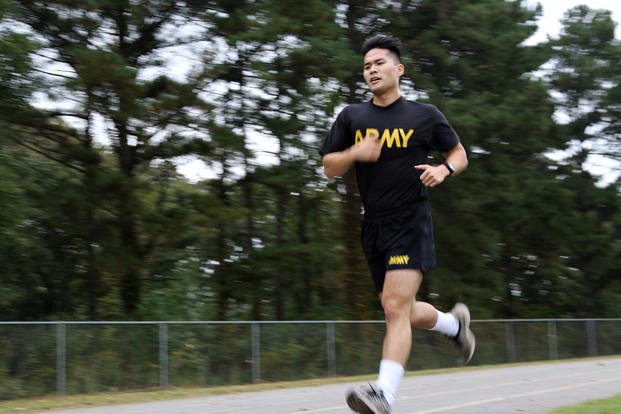 A soldier runs during his Army physical fitness test.