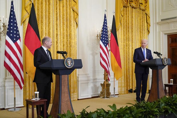 President Joe Biden speaks during a joint news conference with German Chancellor Olaf Scholz