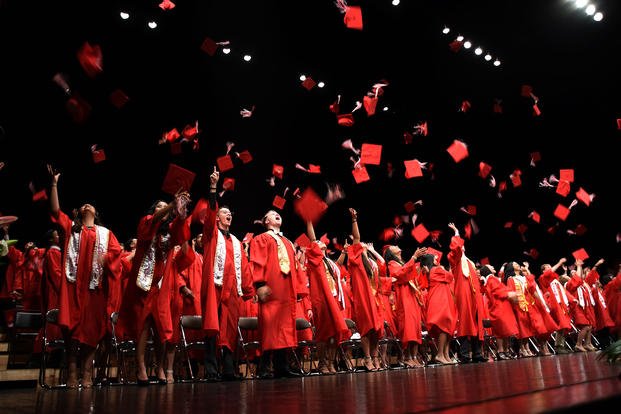 High school graduates throw their mortar boards in celebration.