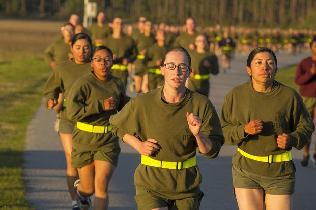 Marine recruits perform the three-mile run portion of the physical fitness test on Parris Island.